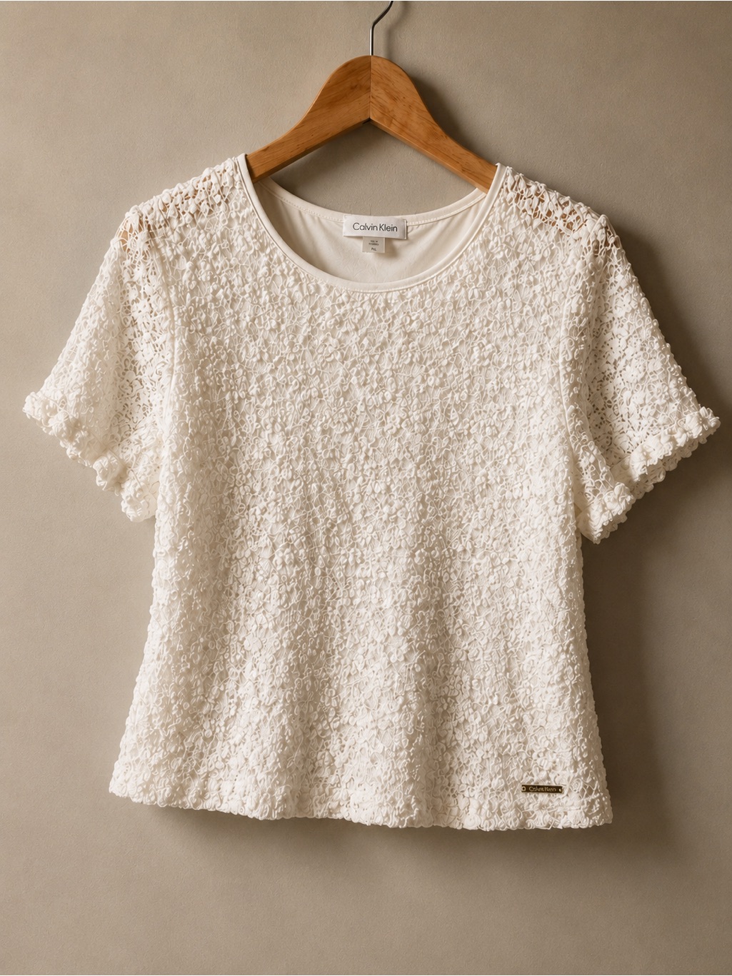 Calvin Klein White Floral Lace Top P Xl Stretchy Lined Textured Summer Blouse